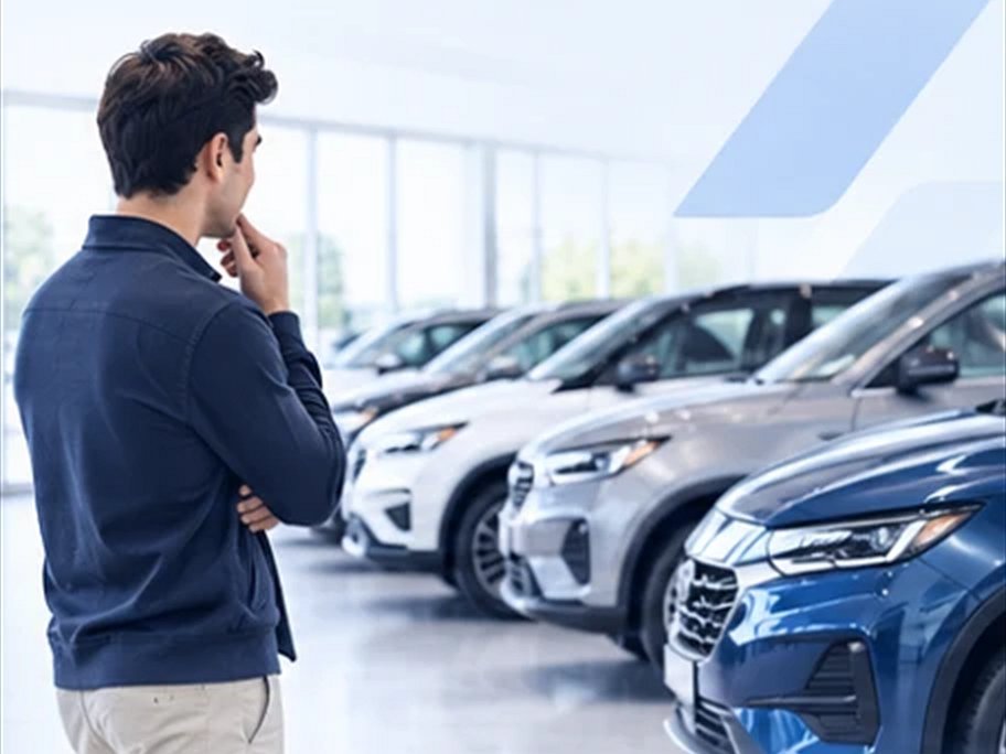 Persona eligiendo entre autos seminuevos en la agencia